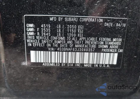 2018 Subaru Legacy 2.5I Premium из США, поврежденный, VIN 4S3BNAF63J3040357